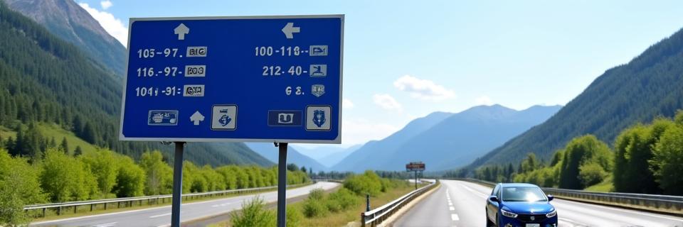Swiss road sign indicating information, with a car in the foreground on a winding road.