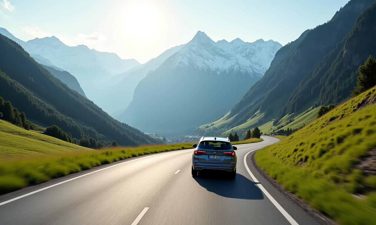 Scenic view of a car driving on a winding road through the Swiss Alps