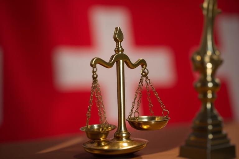 Close-up of golden scales of justice with a blurred Swiss flag in the background, symbolizing Swiss law