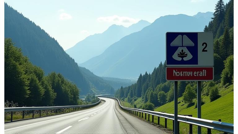 Switzerland motorway sign with vignette and mountains in the background
