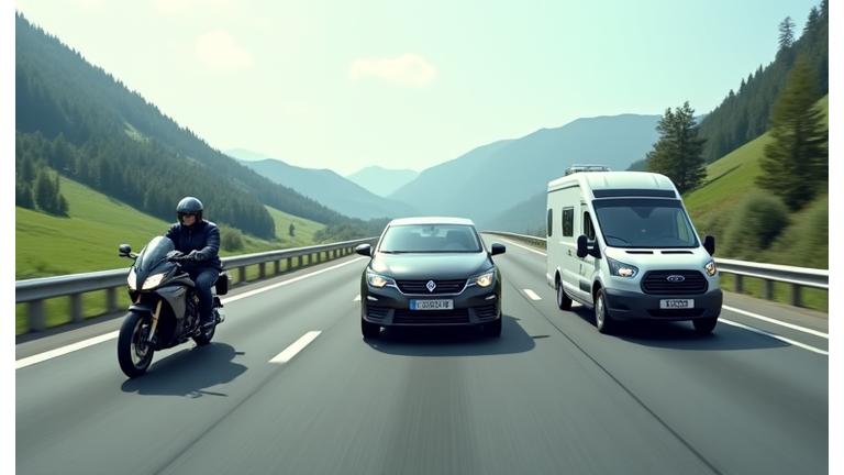 Various vehicles including car, motorcycle, and car with trailer on a motorway
